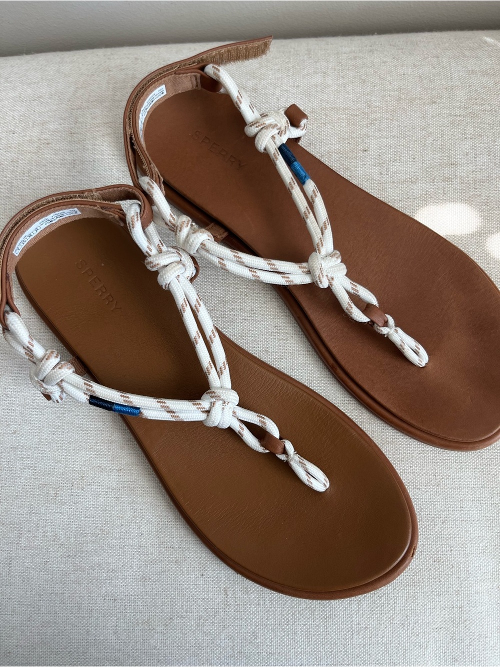 Sperry Isla T-bar Sandals Brown Leather with White Rope Straps